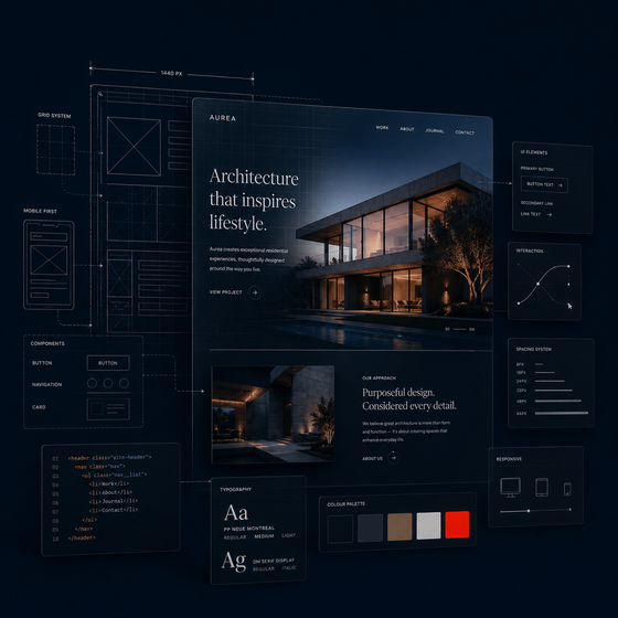 Custom web design and web development blueprint featuring a luxury architecture website interface, responsive design framework, UX/UI wireframes, component library, typography system, colour palette, and front-end development planning for modern business websites and digital experiences.